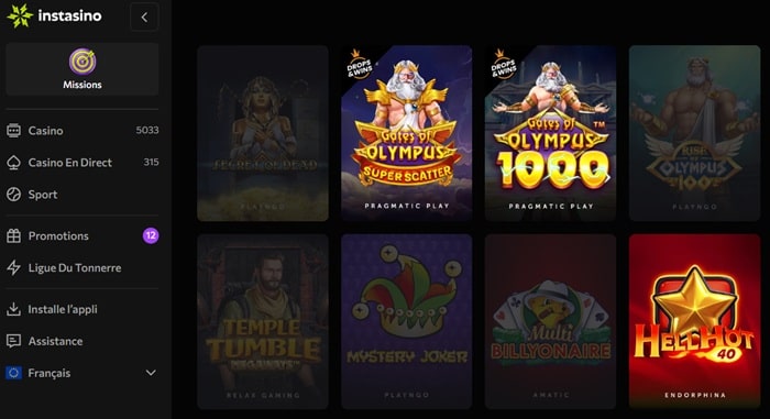 Offre de jeu d'Instasino.